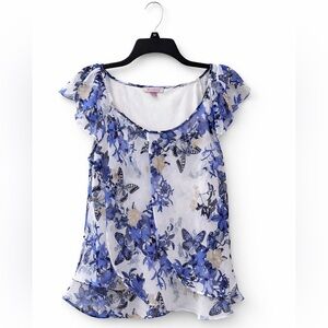 Roz & Ali Sheer Floral Butterfly Ruffle Top – Women’s XL Excellent Condition